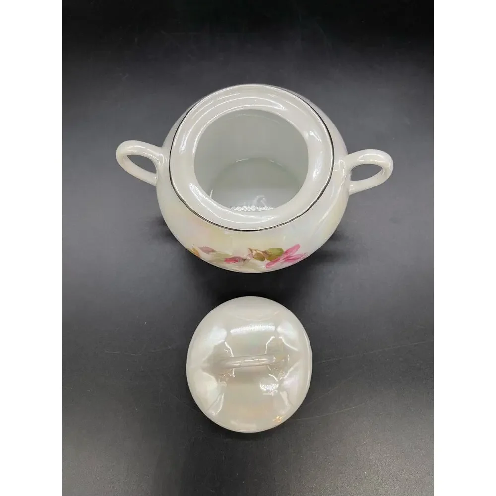 Vintage Iridescent German Sugar Bowl w/ Lid Floral Design Made in Germany